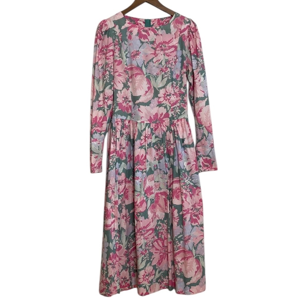 Vintage Laura Ashley Dress Womens 12 Pink Green Floral Cotton Long Sleeve Midi